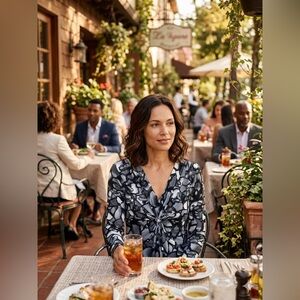 Daisy Fuentes Grey & Black Abstract Floral V-Neck Top